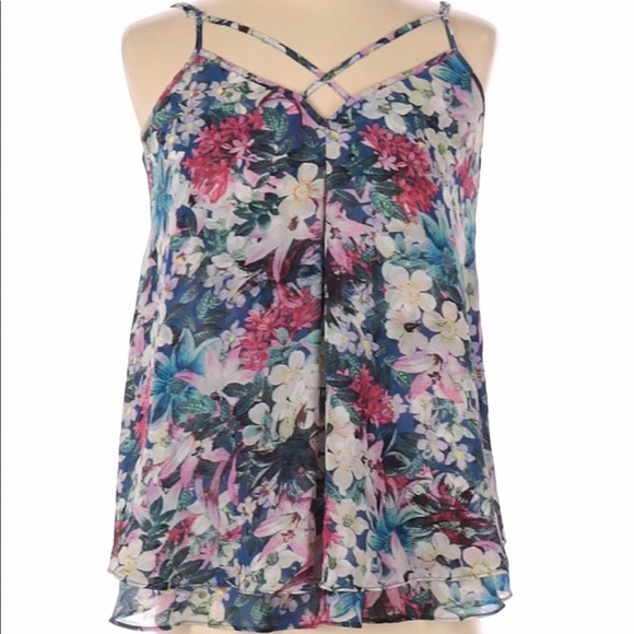 GUESS Women's Blue and Pink Floral Flowy Tank Top - Picture 3 of 3